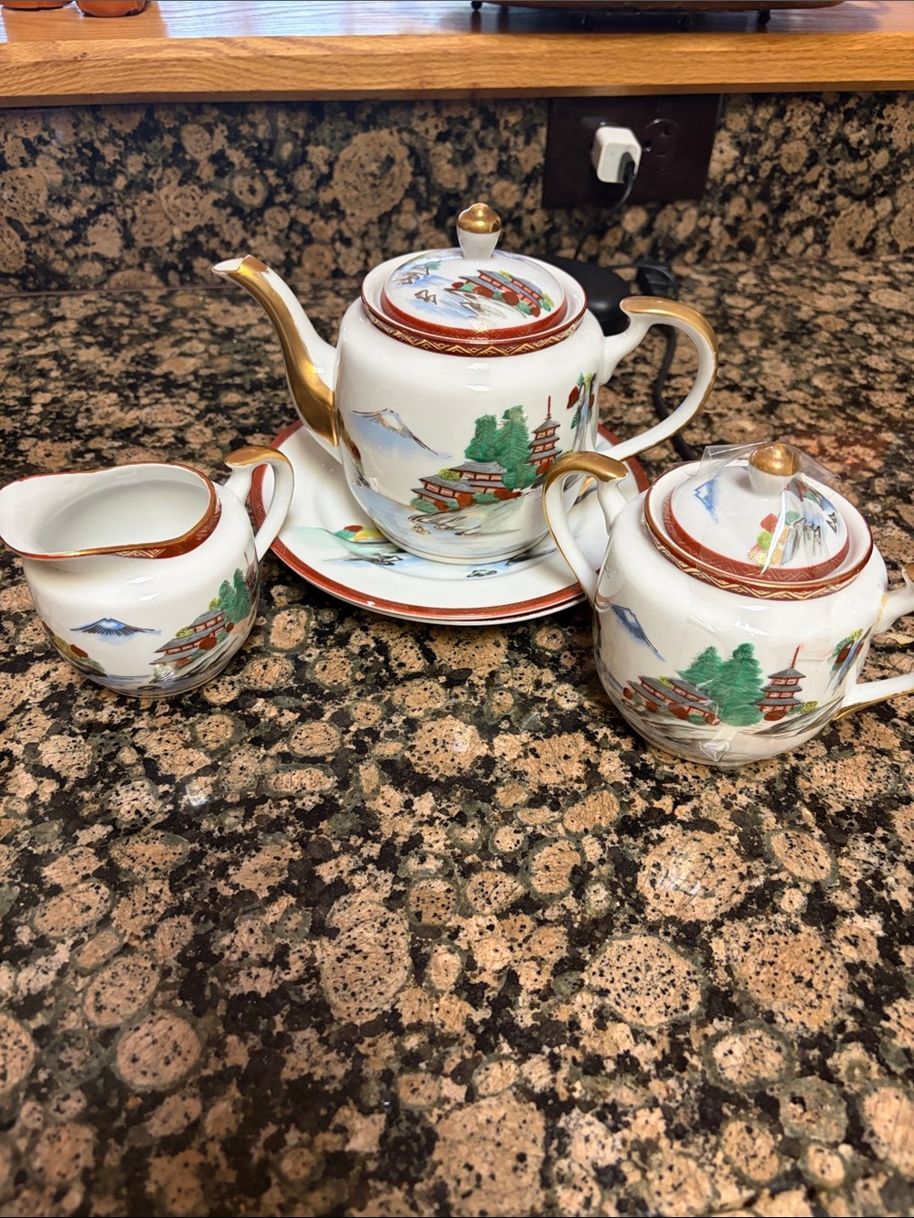 Vintage Asian Porcelain Teapot Set with Gold Accents